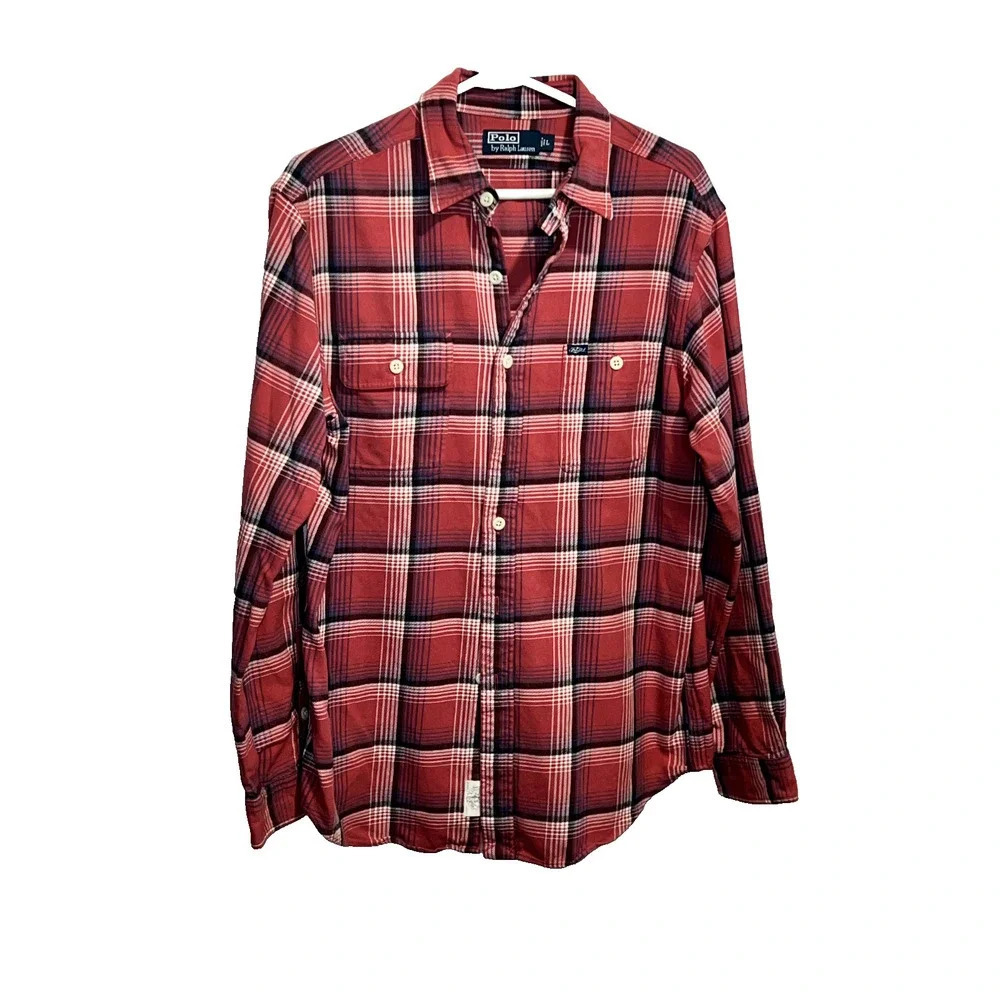 Polo by Ralph Lauren Flannel Shirt L Red Blue Plaid Sailor Vintage